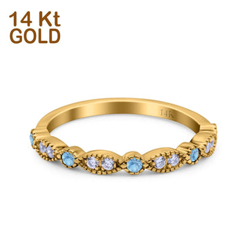 14K Yellow Gold Half Eternity Wedding Band Art Deco Design Simulated Aquamarine CZ Ring Size-7
